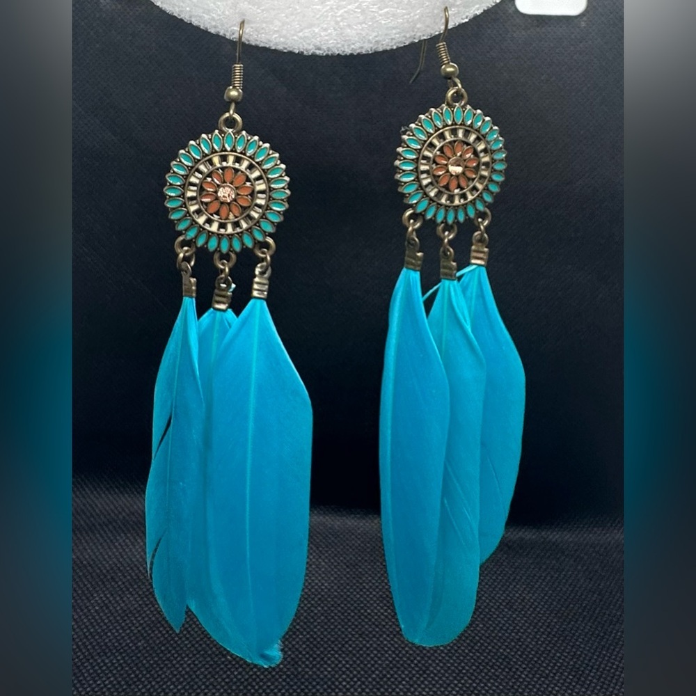 ✨💎 Bohemian Chic Turquoise Feather Dangle Earrings | Festival Statement Jewelry🩵 - Picture 3 of 16